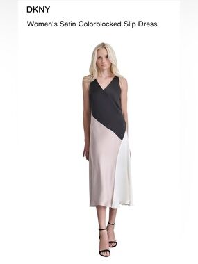 DKNY Black, Blush & White Satin Colorblocked Midi Slip Dress